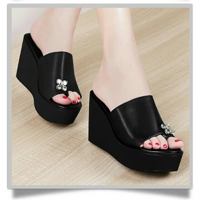 Sepatu Wedges Wanita hitam kerja Kantor formal platform Trendy ed23 wedges permata