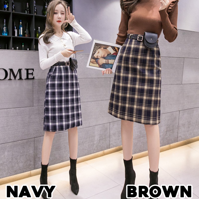 KARAKOREA 831 Irene Skirt/Korean Midi Skirt/Rok Midi Motif Kotak/Rok Autumn/Rok Korea Skirt/Rok Kotak