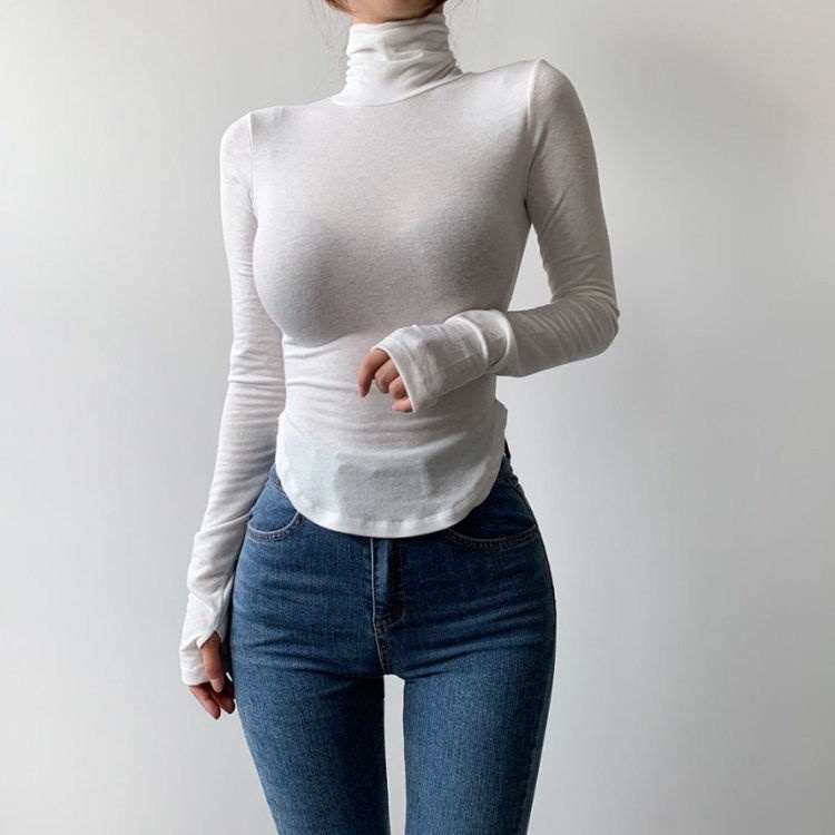 #Sisjuly# Hem berbentuk U menunjukkan pinggang tipis turtleneck ketat bottoming kemeja peregangan T-shirt tump