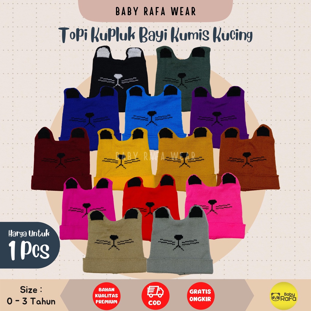 Topi Kupluk Rajut Bayi 1 sd 3 Tahun motif Kumis Kucing / Topi Rajut Unisex Kumis Kucing