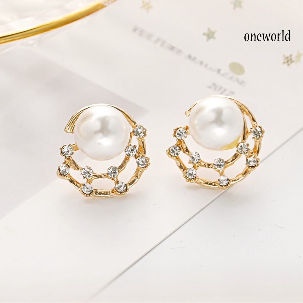 OW@ Fashion Women Rhinestone Faux Pearl Hollow Ear Stud Earrings Jewelry