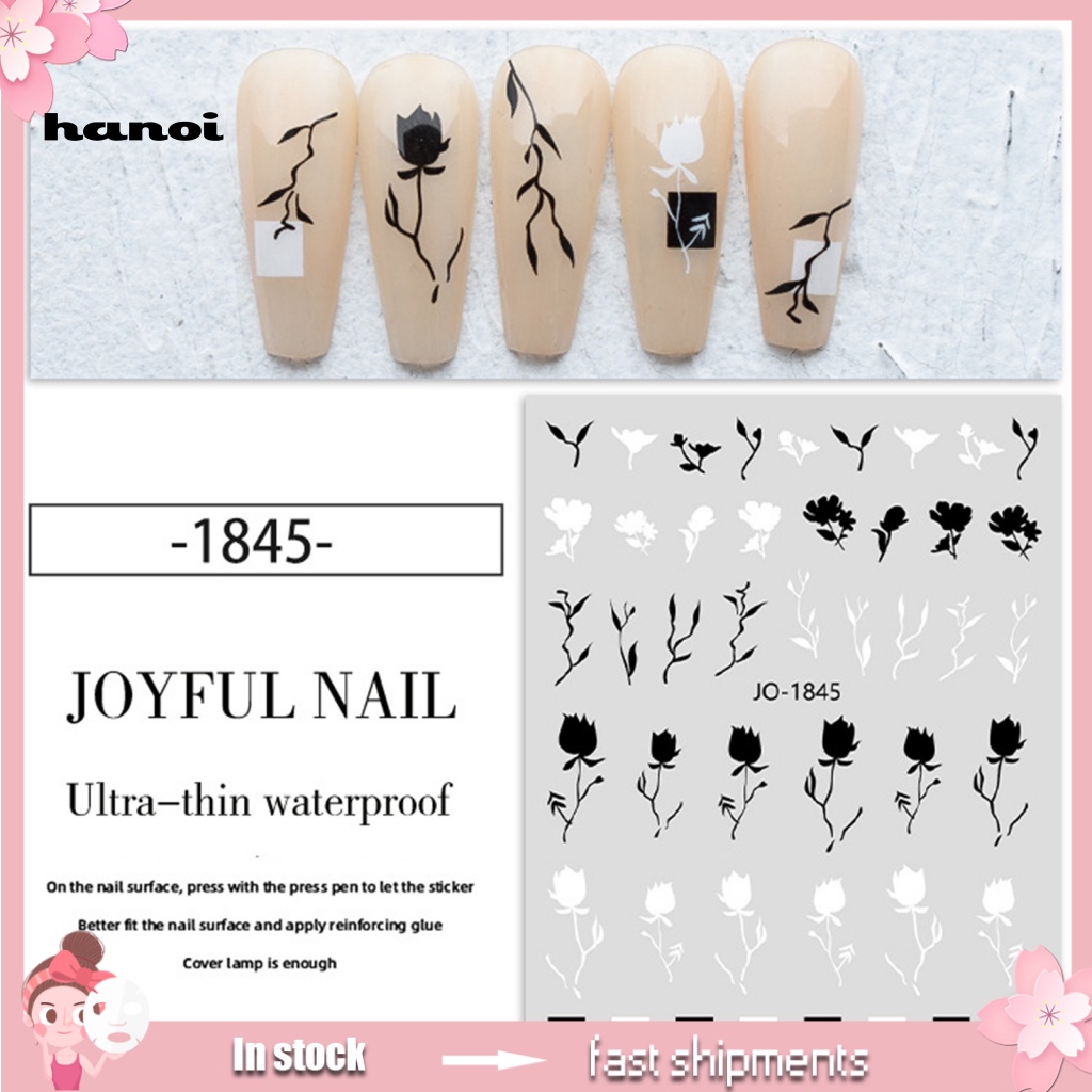 Han_stiker Kuku Motif Bunga Mawar / Daun Warna Hitam / Putih Untuk Nail Art