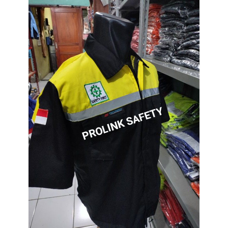 LENGAN PENDEK RESLETING HITAM KUNING BAJU SERAGAM WEARPACK ATASAN SAFETY