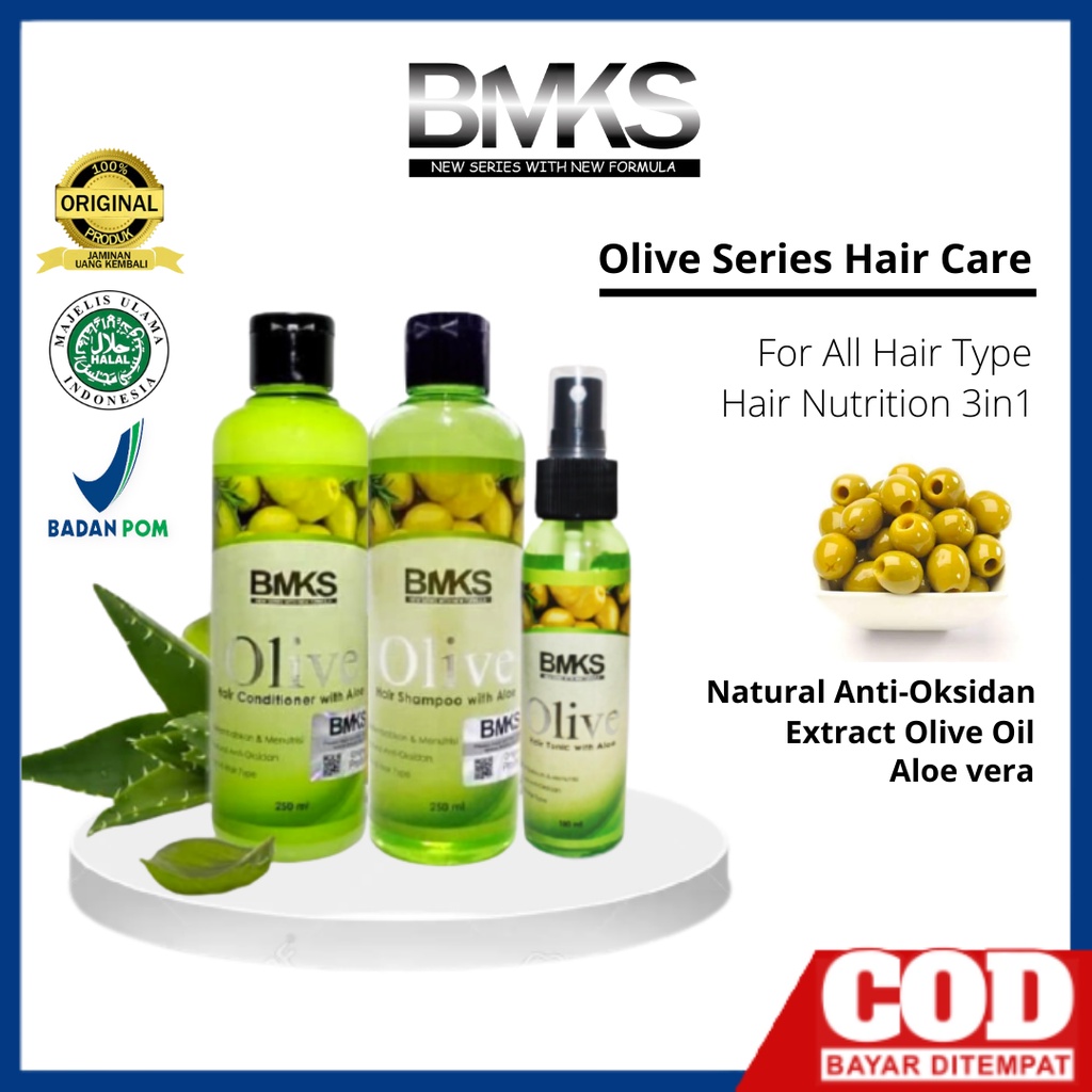 Paket Hemat BMKS Olive Series Hair Treatment Pelebat Penumbuh Anti Rontok shampo + conditioner + hair Tonic with Aloe 3in1 Original