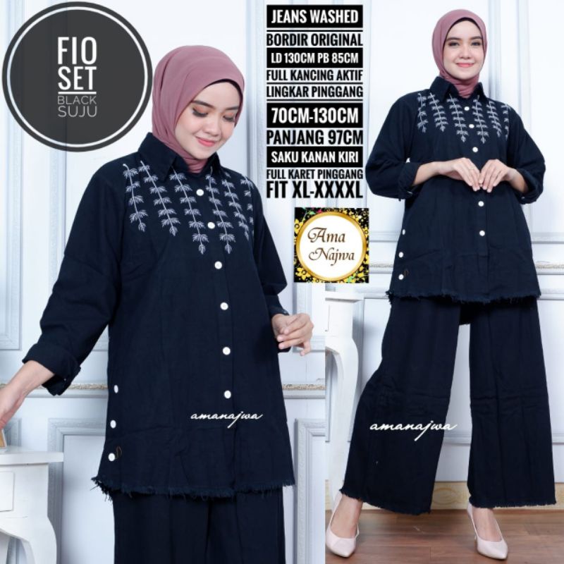 Fio One Set Setelan Celana Kulot Tunik Polos Hitam Jeans Bordir Bunga Ld 130 Jumbo Fit XXXL Rawis Bu