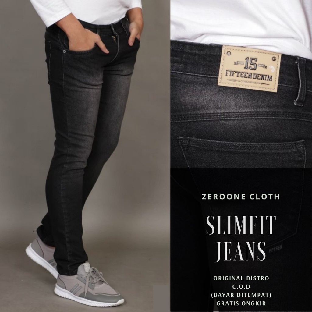 FIFTEEN DENIM - Celana Jeans Pria Slim Fit Streetch Original New Fifteen Denim / Celana Jeans Hitam-Black Jazz