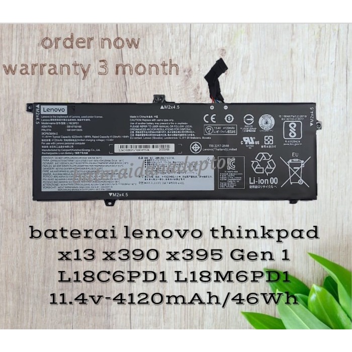 Baterai Lenovo Thinkpad X13 X390 X395 Gen 1 L18C6PD1 L18M6PD2