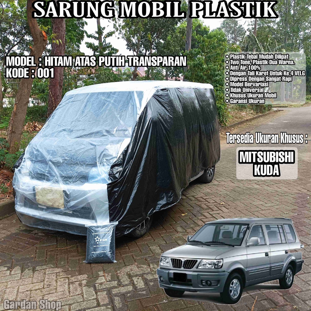 Sarung Mobil Plastik MITSUBISHI KUDA Hitam Atas Putih Transparan Full Anti Air