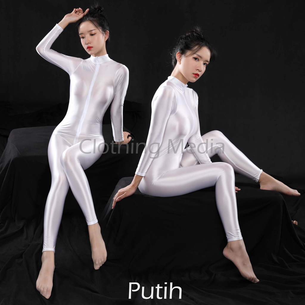 Bodysuit Full Premium Warna Satin Glossy Silky Halus Ketat Resleting Jumpsuit Elegan