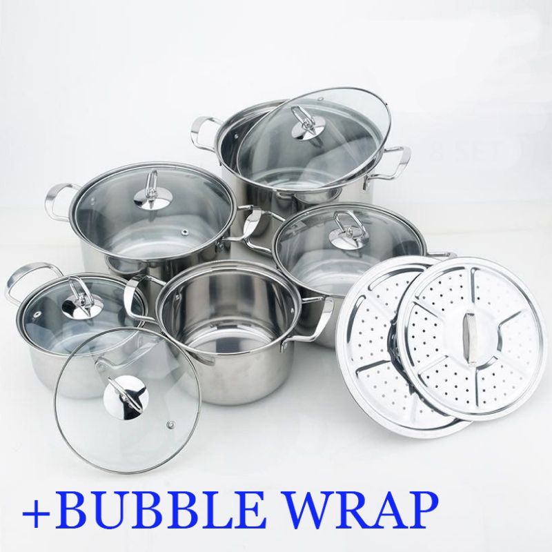 Panci set stainless tutup kaca Higt pot 555   +steamer set tebal / panci susun