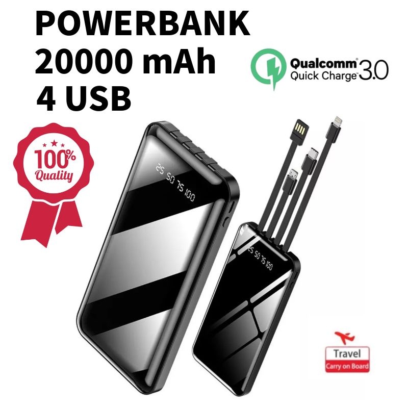 Powerbank 20000 mAh 4 Cables Fast Charging Full Capacity Mini Dual USB Portable Digital Display LED