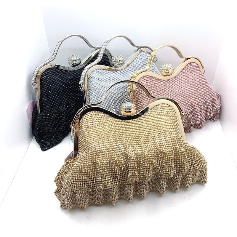 tas pesta ruffle rantai tali panjang chain curly rumbai elegant unik party bag mini kecil handle han