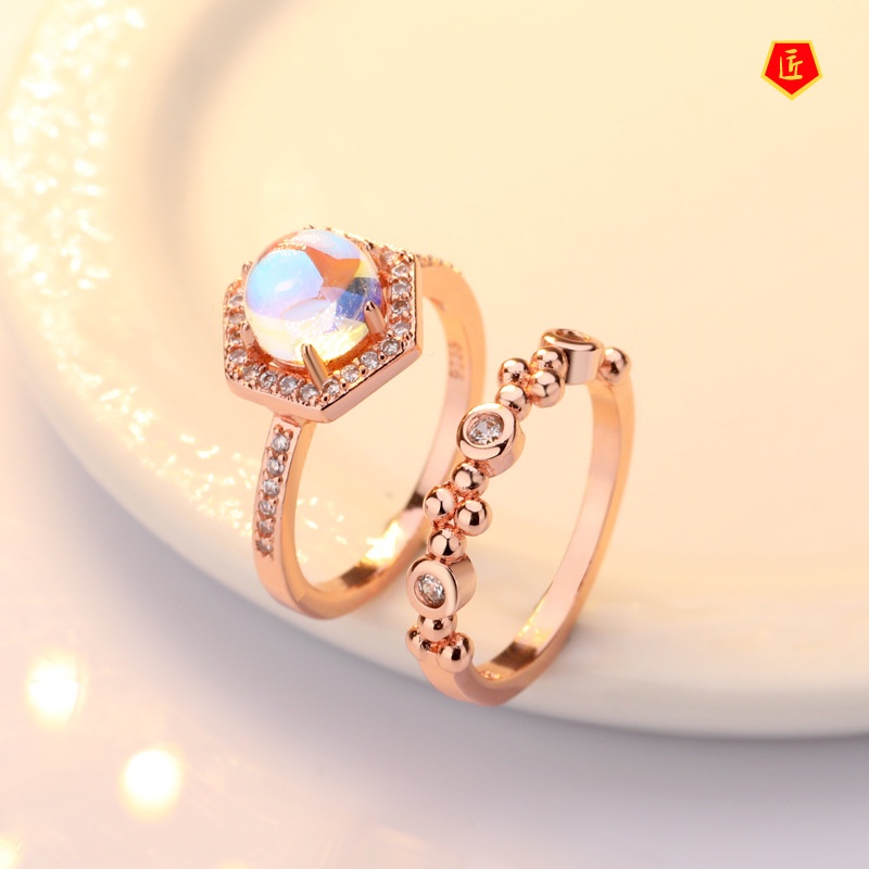 [Ready Stock]Inlaid Moonstone Ring 925 Silver Simple All-Match