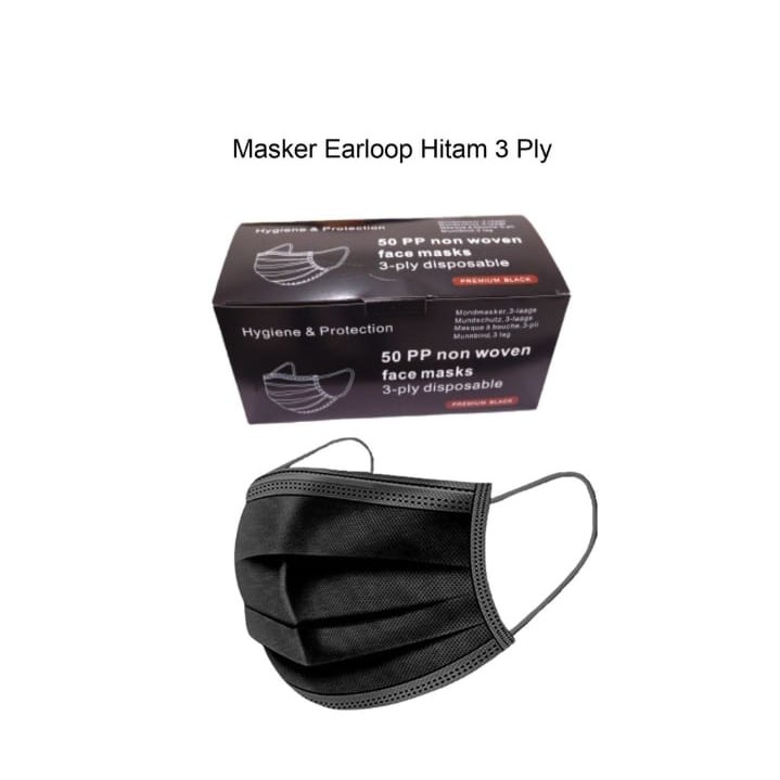 MASKER EARLOOP HITAM 3 PLY ISI 50 PCS