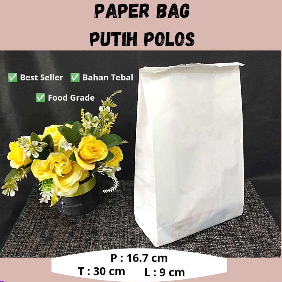 ( ISI 100 LEMBAR ) PAPER BAG POLOS PUTIH BESAR - KANTONG KERTAS ROTI GORENGAN POLOS