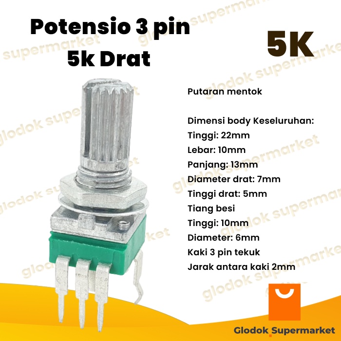 Potensio 3 pin 5k Mono Kaki 3 Tekuk Segi Hijau 502