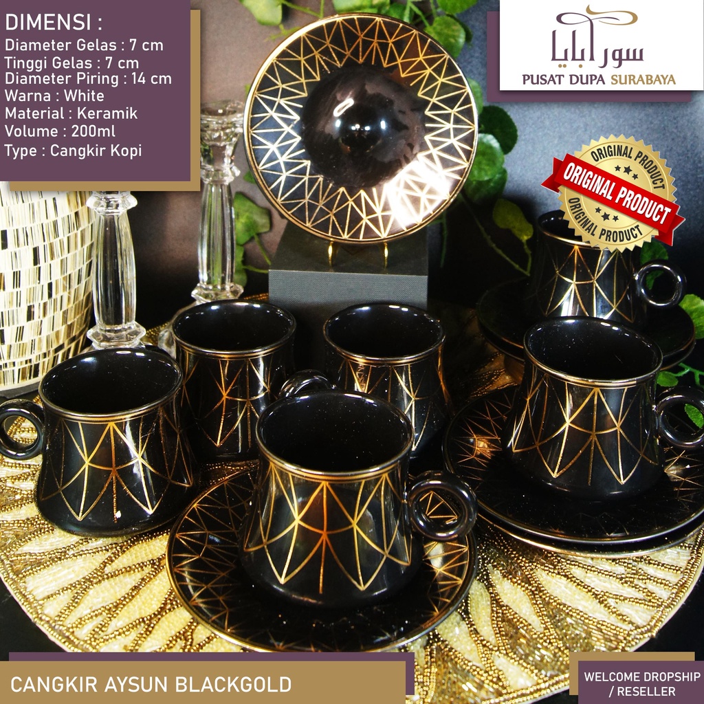 Cangkir/Kopi Keramik Set Turkey/Arab/Hitam Emas Mewah Premium (Isi 12) Limited Bukan Sango