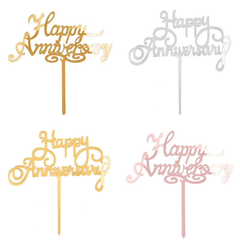 Topper Kue Bahan Akrilik Motif Tulisan Happy Anniversary Warna Emas Dan Silver