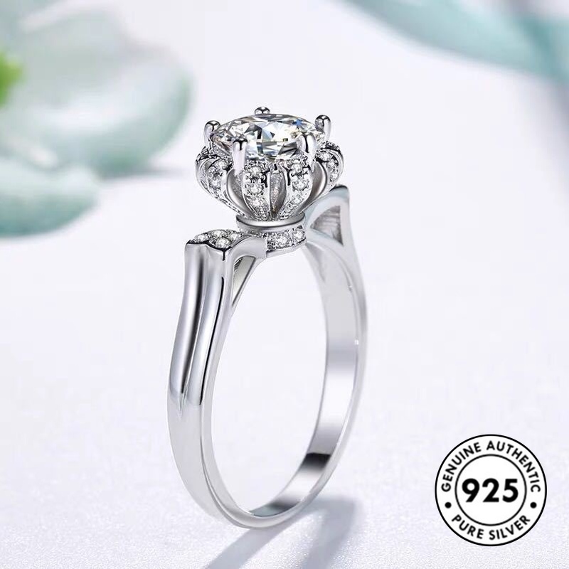 Cincin Sterling Silver 925 Desain Telinga Kucing + Bunga Hias Berlian Imitasi Untuk Wanita