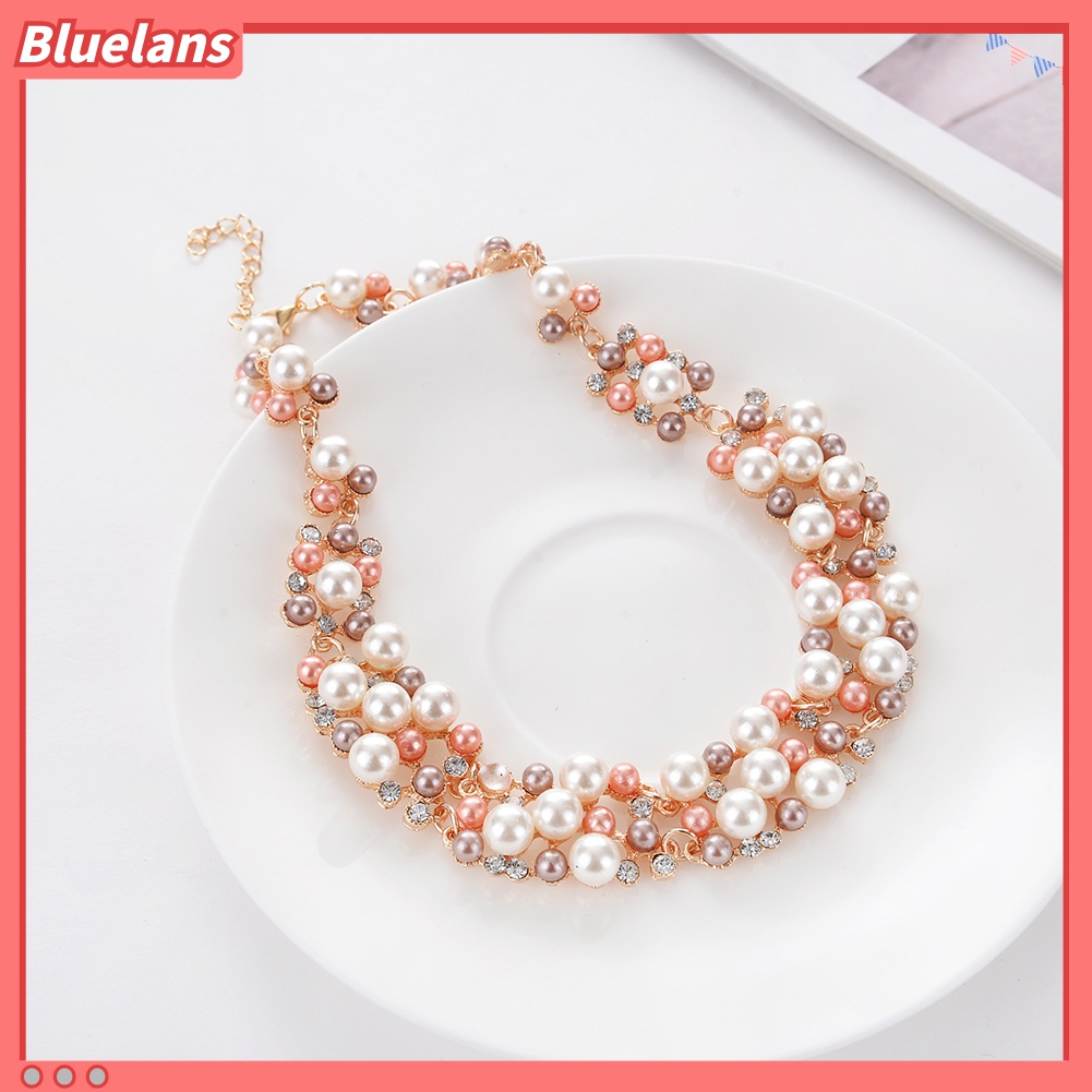 Bluelans 2Pcs / Set Kalung Dan Anting Mutiara Berlian Imitasi Untuk Wanita