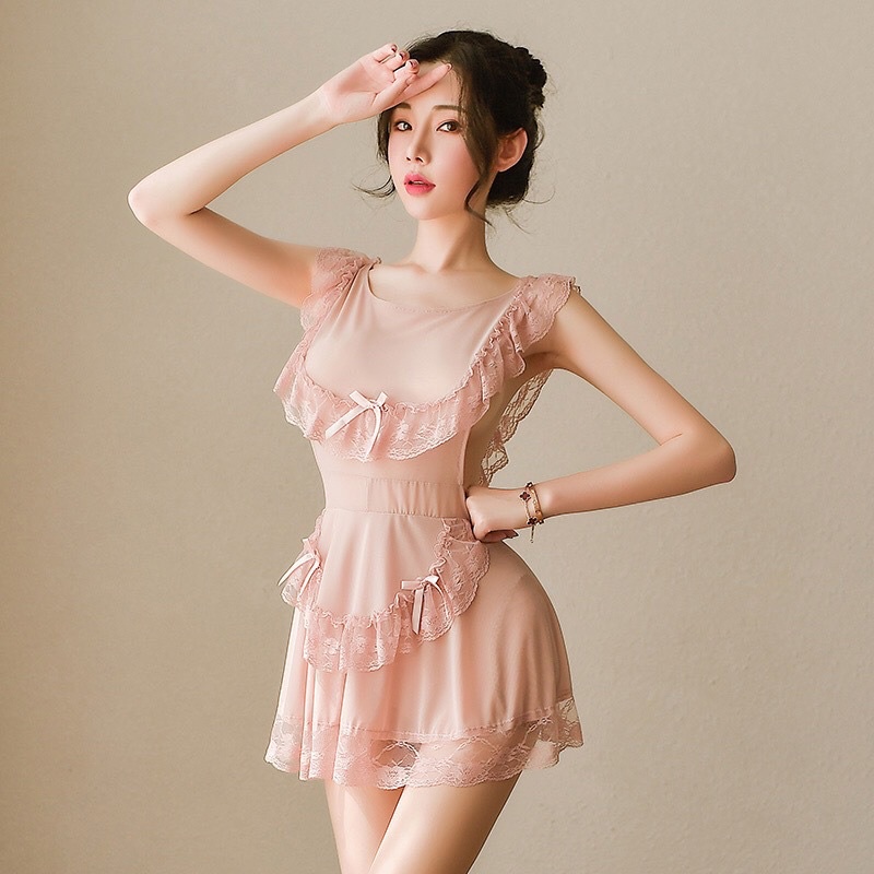 Violet Lingerie Baju Tidur + G-string Sexy Pakaian Dalam Renda Transparan Erotis Maid Cosplay 1087-4