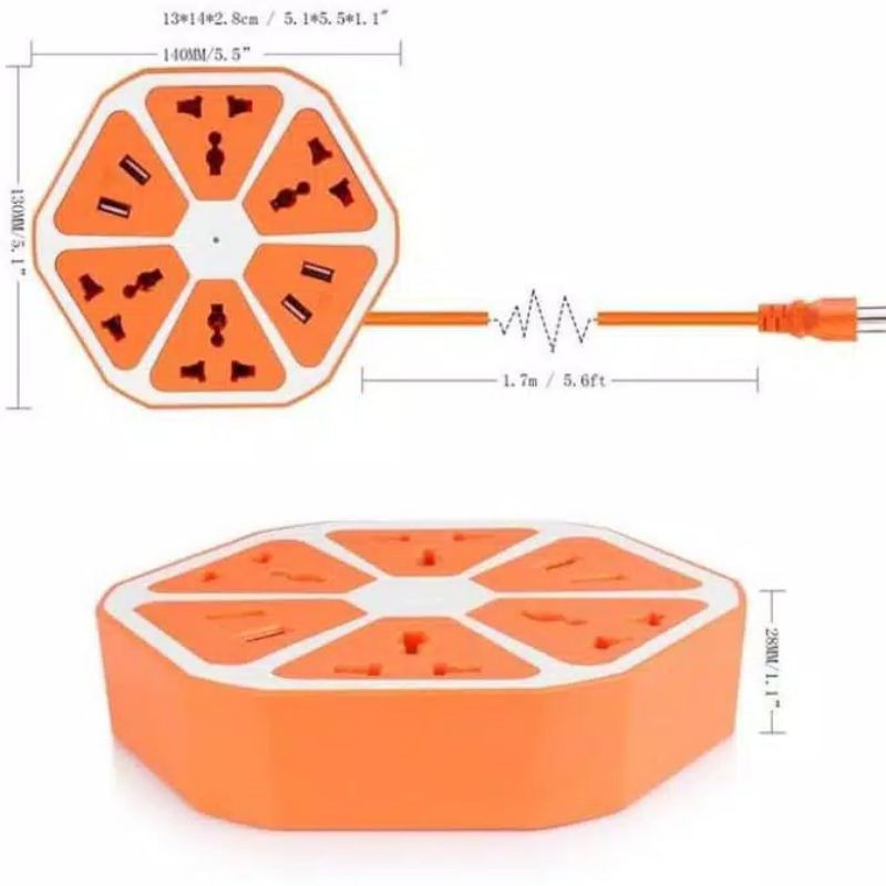 colokan listrik 4 USB dan 4 lubang bentuk buah/colokan bentuk buah/USB ports/USB Hexagon socket