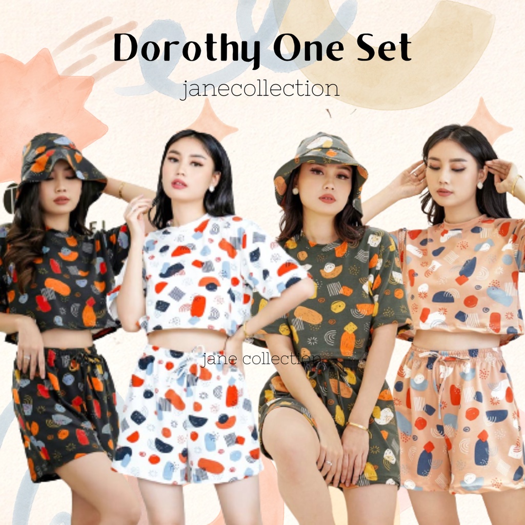 JANE COLLECTION || Setelan Wanita Satu Set Crop Top dan Celana Karet Babyterry Motif Abstrak Aesthetic Baju Casual Hangout Perempuan Dorothy One Set Hitam Army Putih Cream