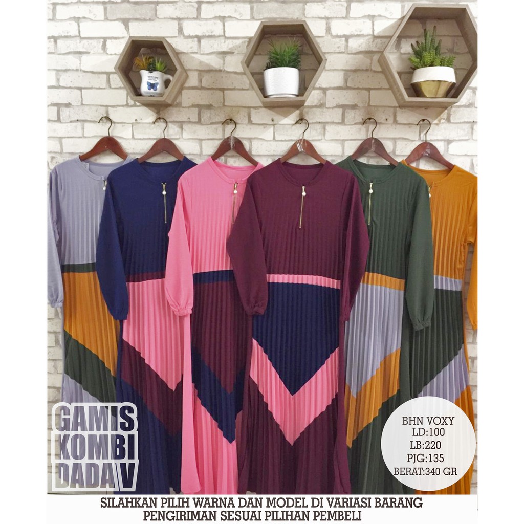  BAJU  GAMIS  SLETING PLISKET  MOTIF KOMBINASI  WARNA Shopee 