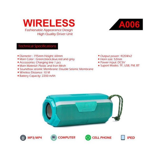 SPEAKER BLUETOOTH A006 PORTABLE WIRELESS SPEAKER