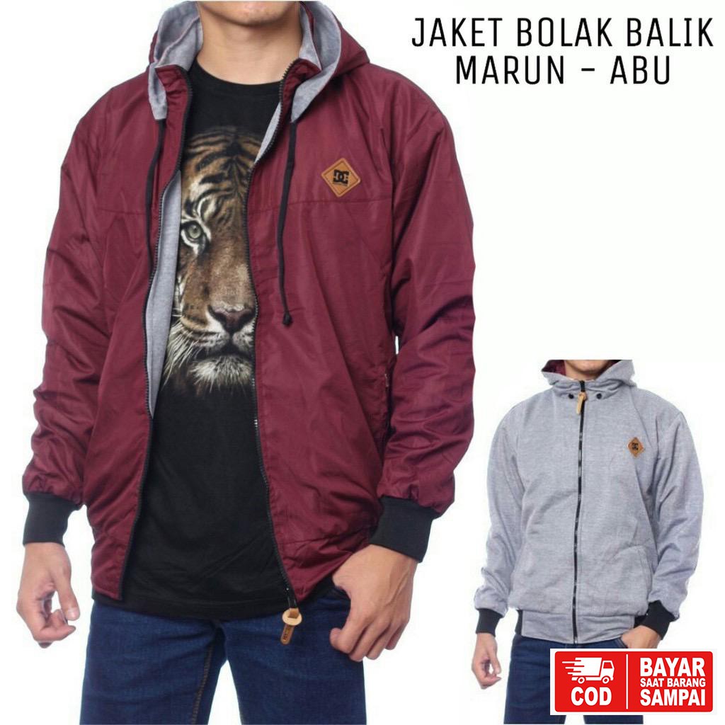 JAKET DC BOLAK BALIK / JAKET MOTOR / JAKET PARASUT HITAM-ABU-MARUN-ABU