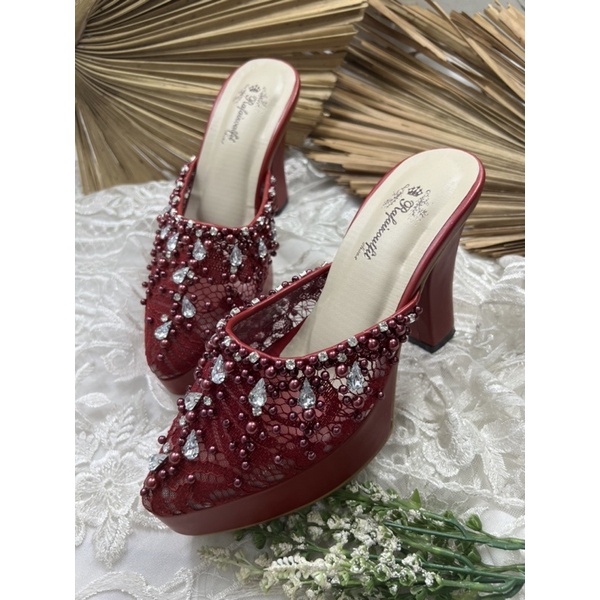 sepatu wanita wedding sintya merah marron 10cm platform tahu