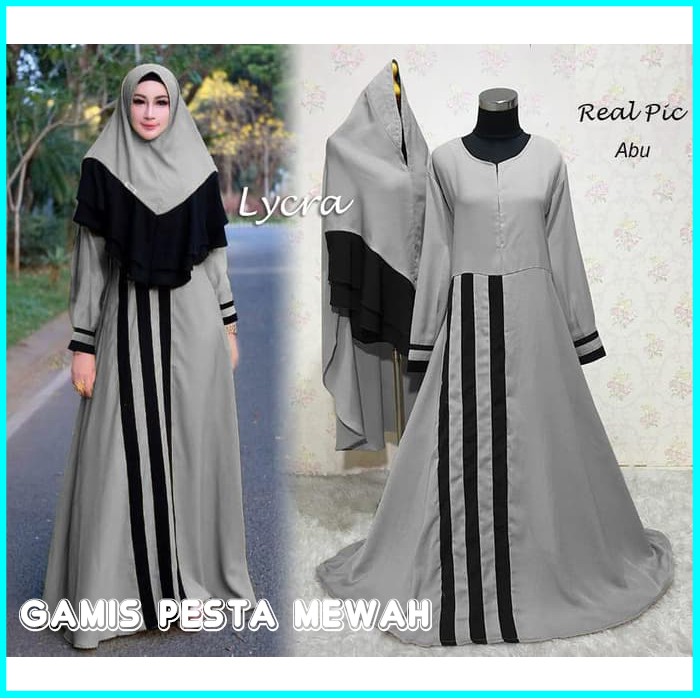 GAMIS WANITA ABU / BAJU GAMIS PESTA / GAMIS SYARI WANITA TERBARU LYCRA