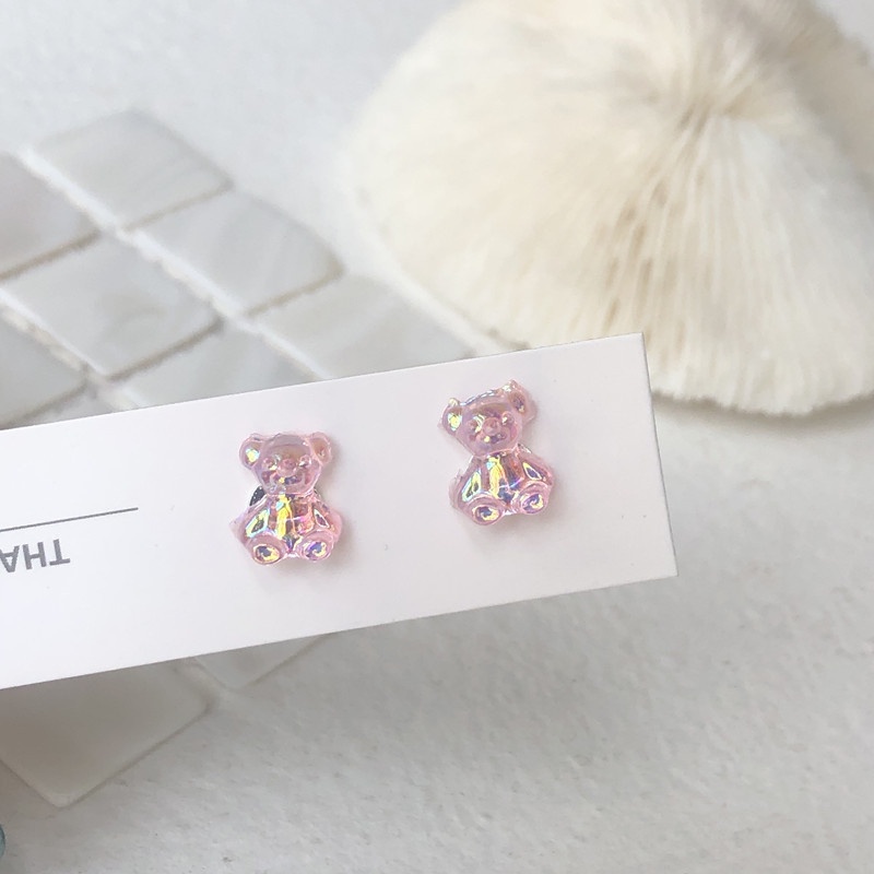 Anting stud S925 Bentuk Beruang Mini Warna-Warni Permen Biru Putih Pink Ungu Oranye