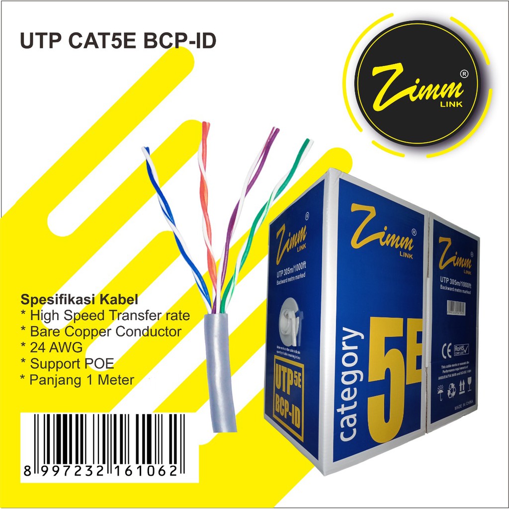 Kabel LAN UTP Cat 5e Bare Copper Tembaga Murni Zimmlink Ecer Permeter