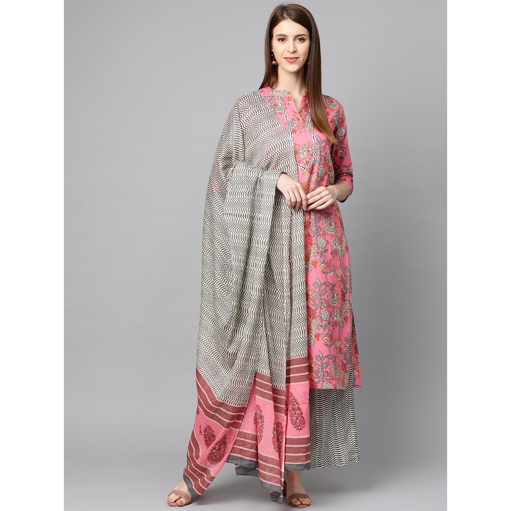 Kurti Mokshi Size S Warna Pink & Charcoal Grey Set Dengan Celana Palazzos & Selendang Dupatta / Kurt