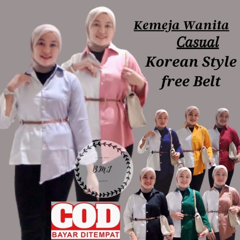 Kemeja Wanita Atasan Blouse Casual Polos Kombinasi Warna Motif Korean style Fashion Muslim 018
