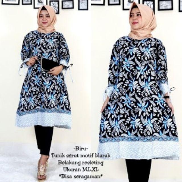 Baju Batik Couple Gamis Jumbo Murah Pasangan Modern Muslim | Klyn - 005 Cg Blarak Biru Nirmala
