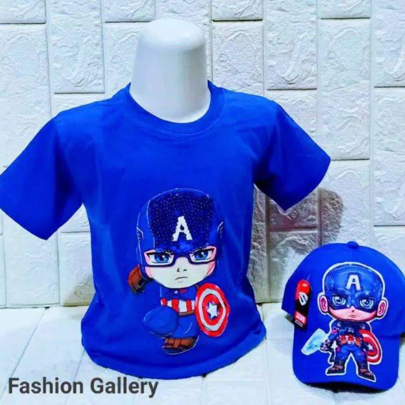 Paket 2in1 kaos anak distro LED CAPTAIN AMERIKA + topi led uk 2-10tahun