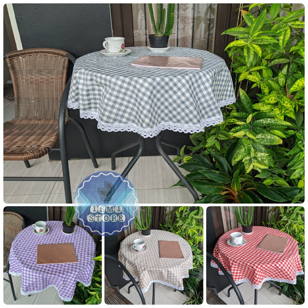 Taplak MEJA BULAT Keliling RENDA Rajut Motif Kain Kotak-Kotak Gingham Estetik Kekinian Ala Korea Ismi Store