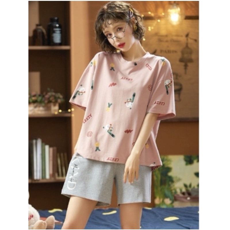 PIYAMA WANITA KAOS KATUN BAJU TIDUR CEWEK SETELAN HOTPANTS MOTIF PAJAMAS CUTE READY STOCK SIZE M