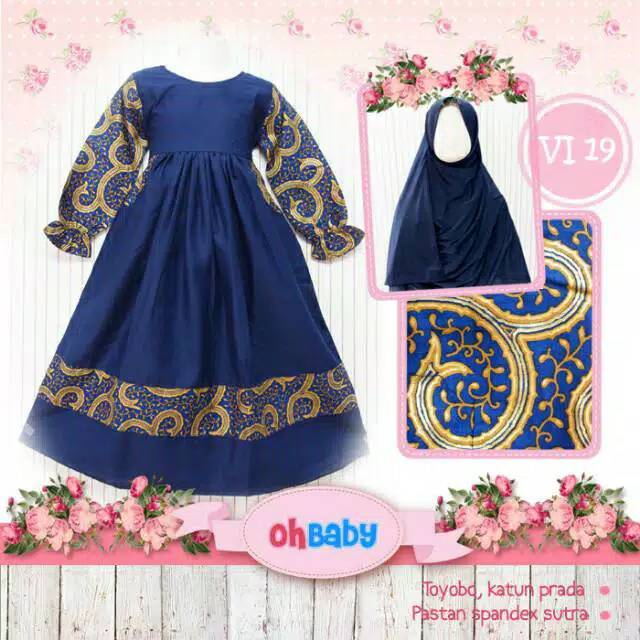 Ankho Shop Vi 19 Gamis Anak Batik Kombinasi Polos Navy Ohbaby Shopee Indonesia