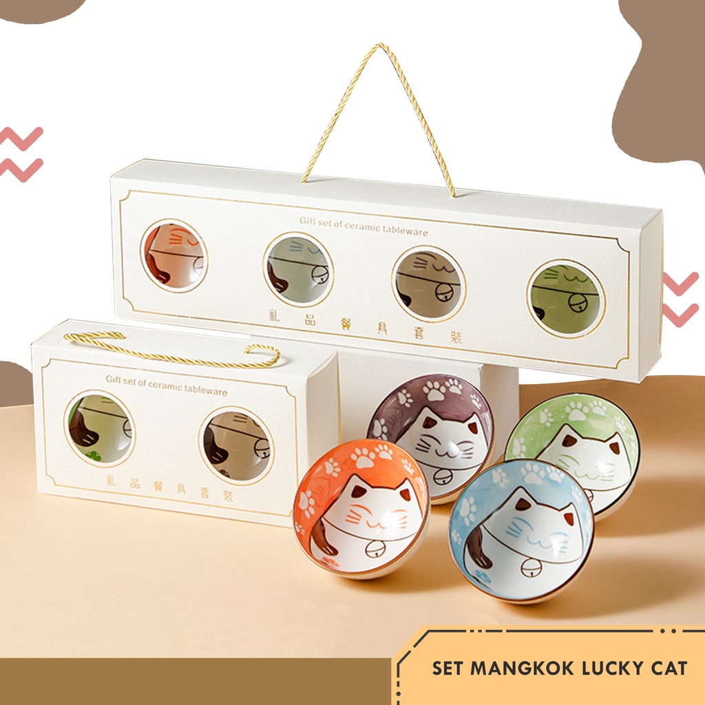 Set Mangkok Lucky Cat /  Hampers Mangkuk Motif Kucing / Mangkuk Keramik Import Termurah