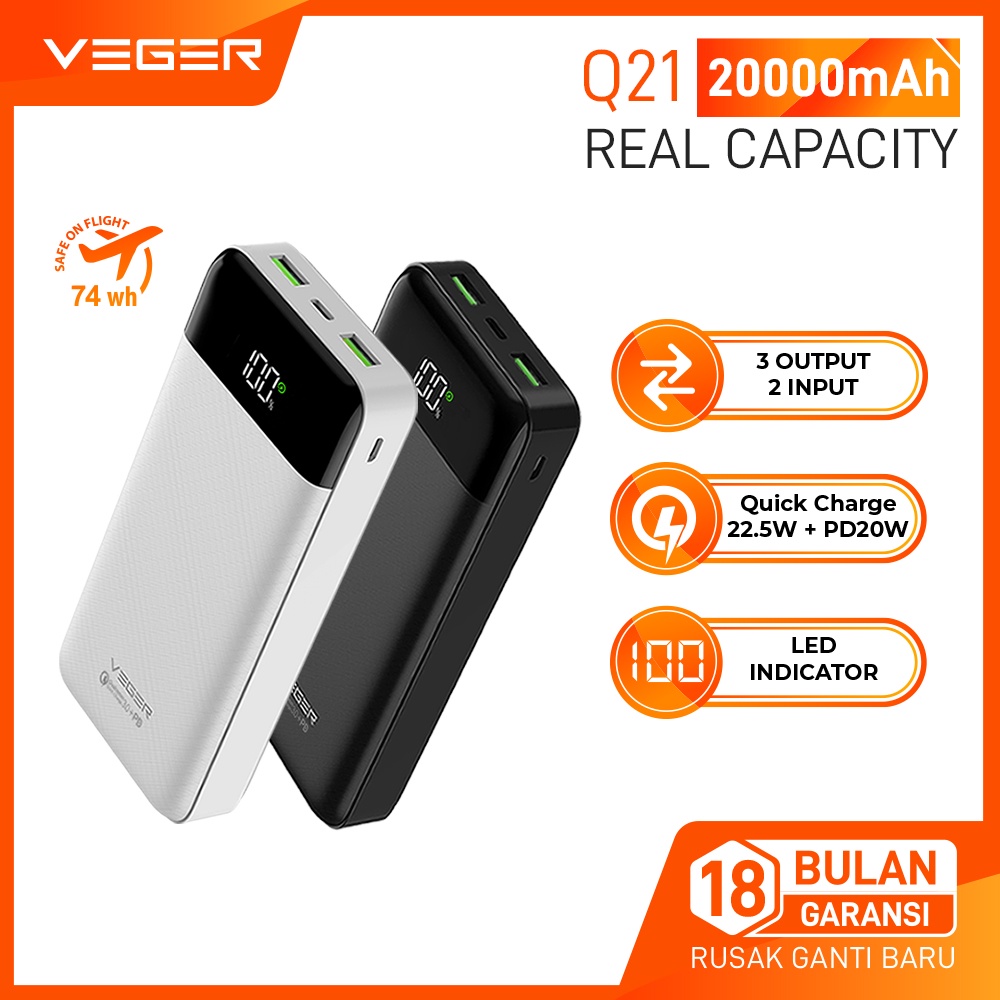 VEGER Powerbank Q21 20000mAh LED Digital Display Fast Charging Quick Charge 22.5W PD 20W Power Bank