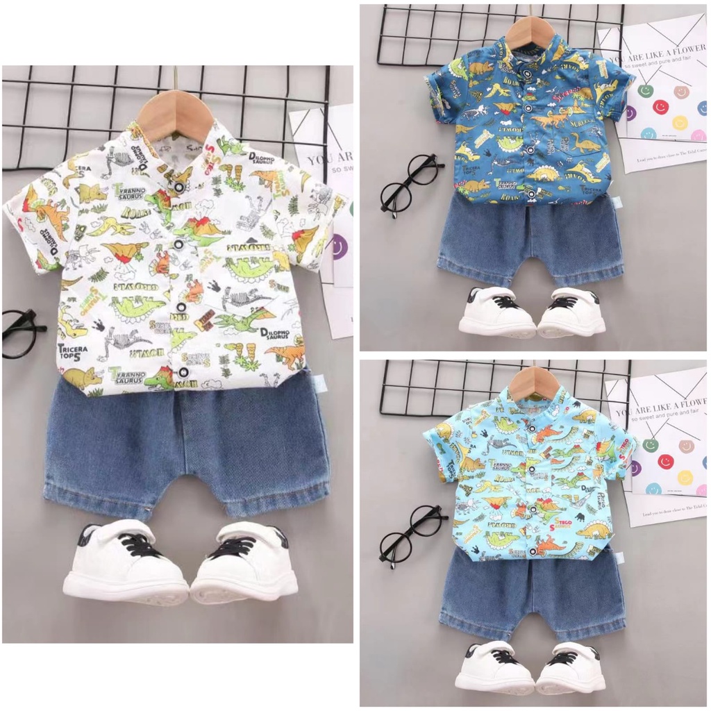 SSL7-Setelan Set Kemeja Anak Laki Laki Motif Dinosaurus