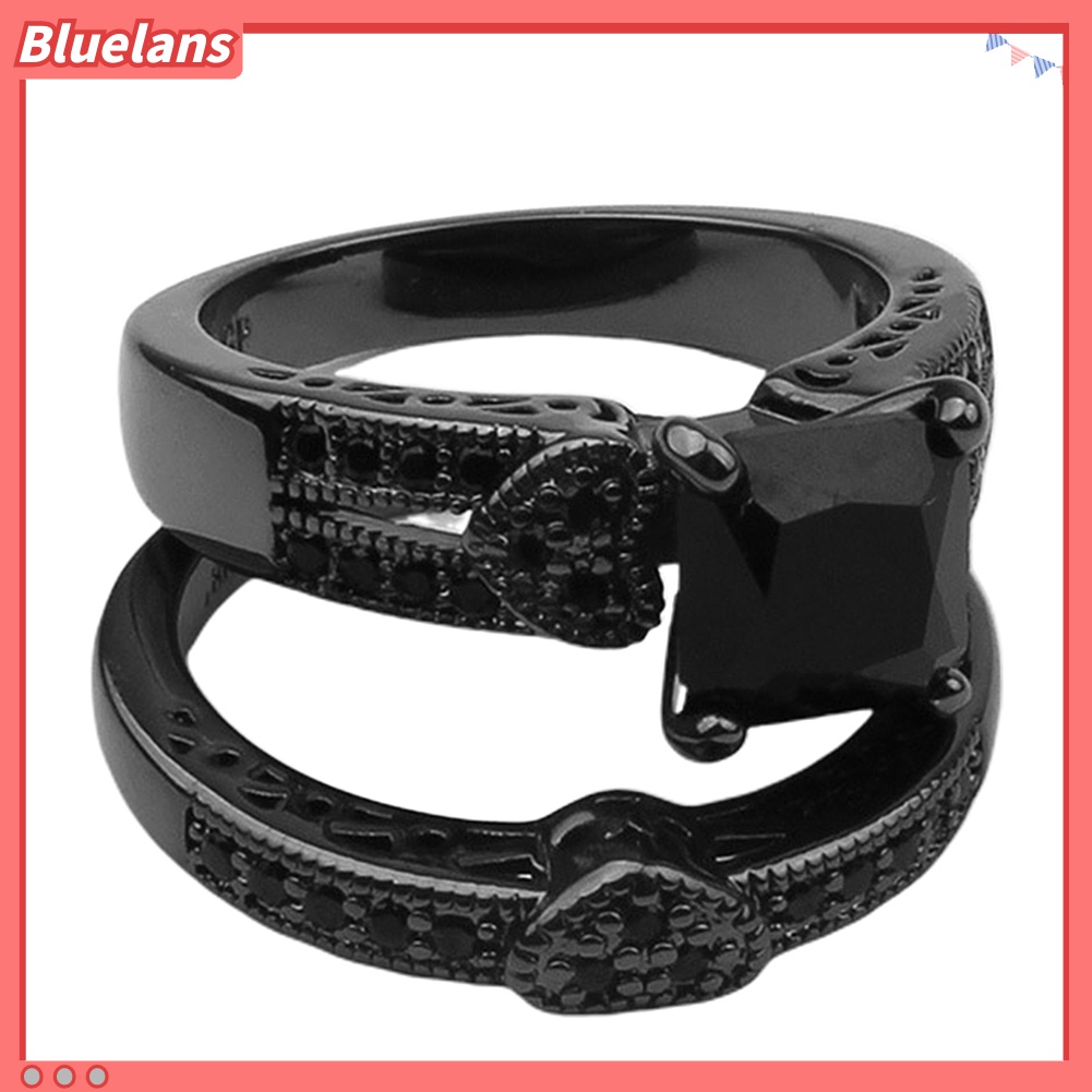 2pcs / Set Cincin Cubic Zircon Warna Hitam Untuk Pria Dan Wanita