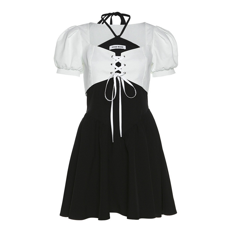 #Sisjuly# Wanita Musim Panas Baru Wanita Warna Polos Slim Fit Lengan Pendek Setelan Gaun Halter Modi