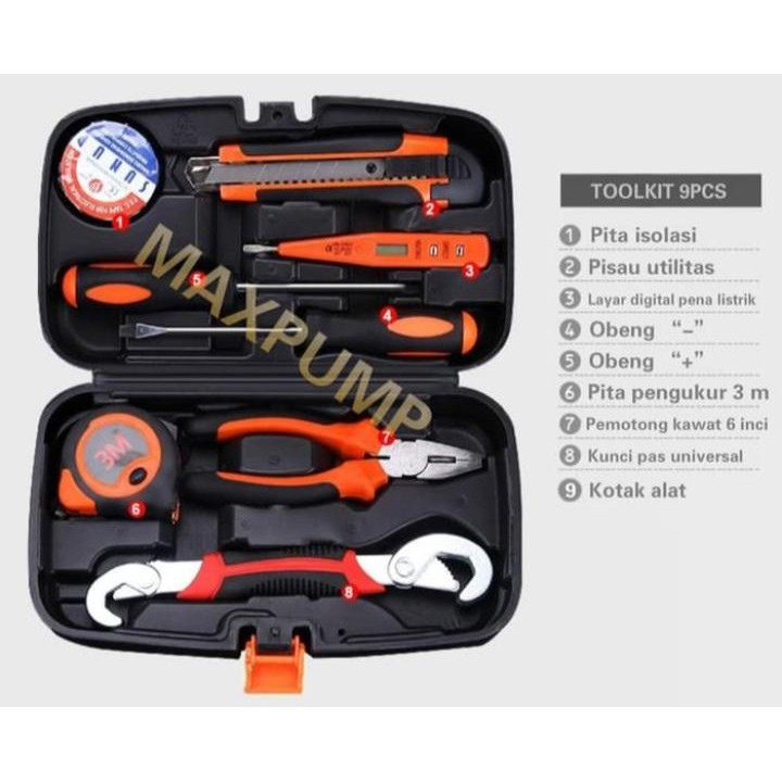 BISA GOJEK/GRAB Toolset Toolkit Toolbox Tool Set Tool Kit Repair Kit Home DIY 9pcs Dalam satu Box