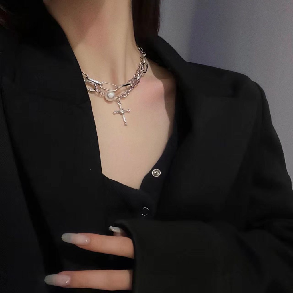 IFYOU Kalung Rantai Choker Liontin Salib Aksen Mutiara Warna Silver Gaya Korea Untuk Wanita