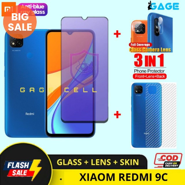 PAKET 3IN 1 - TEMPERED GLASS ANTI RADIASI XIAOMI REDMI 9C FULL LAYAR KAMERA SKIN CARBON PREMIUM