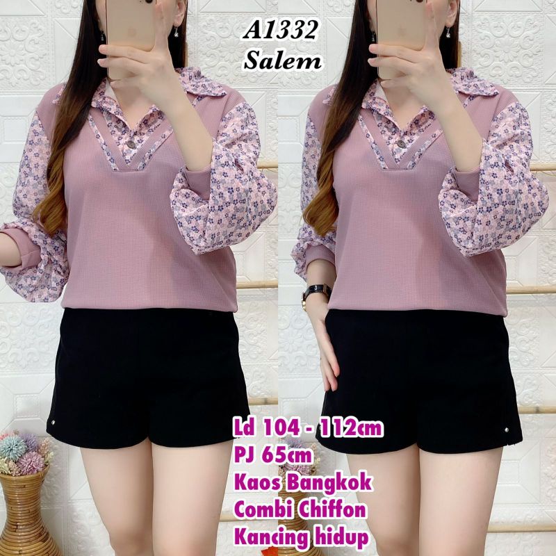 Atasan blouse kemeja wanita bahan kaos kombi chiffon bangkok A1332